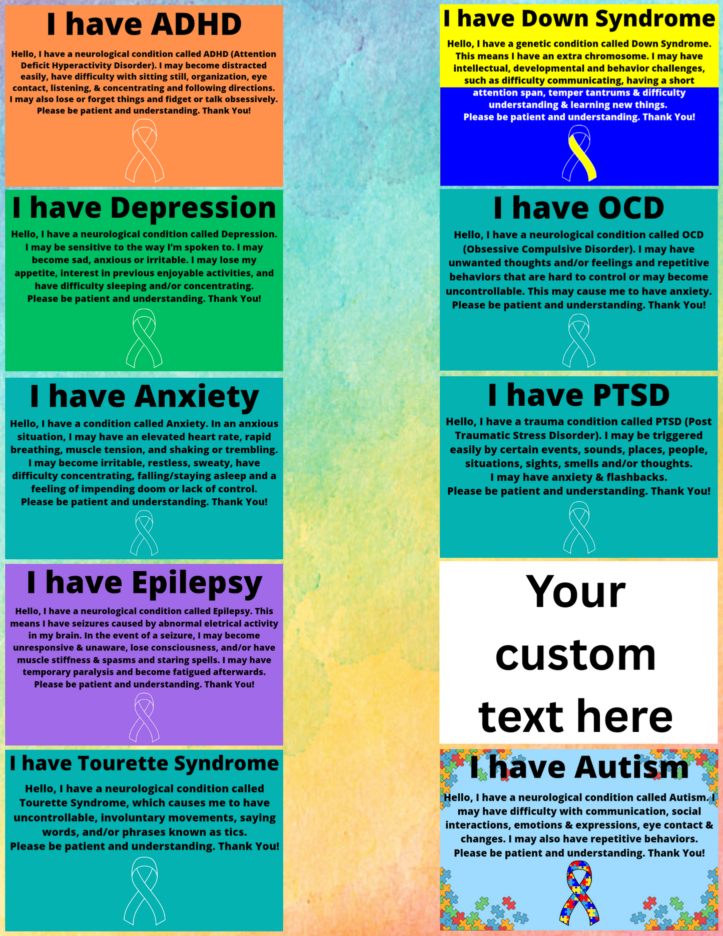 Disability/Disorder Medical ID Card & Alert Cards | Disability/Disorder Awareness | *PLEASE READ DISCRIPTION*