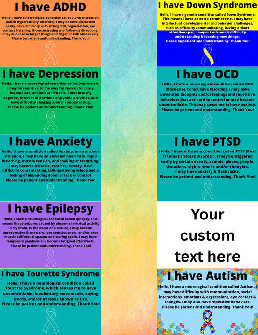 Disability/Disorder Medical ID Card, Alert Cards & Pin | Disability/Disorder Awareness | *Please Read Description*