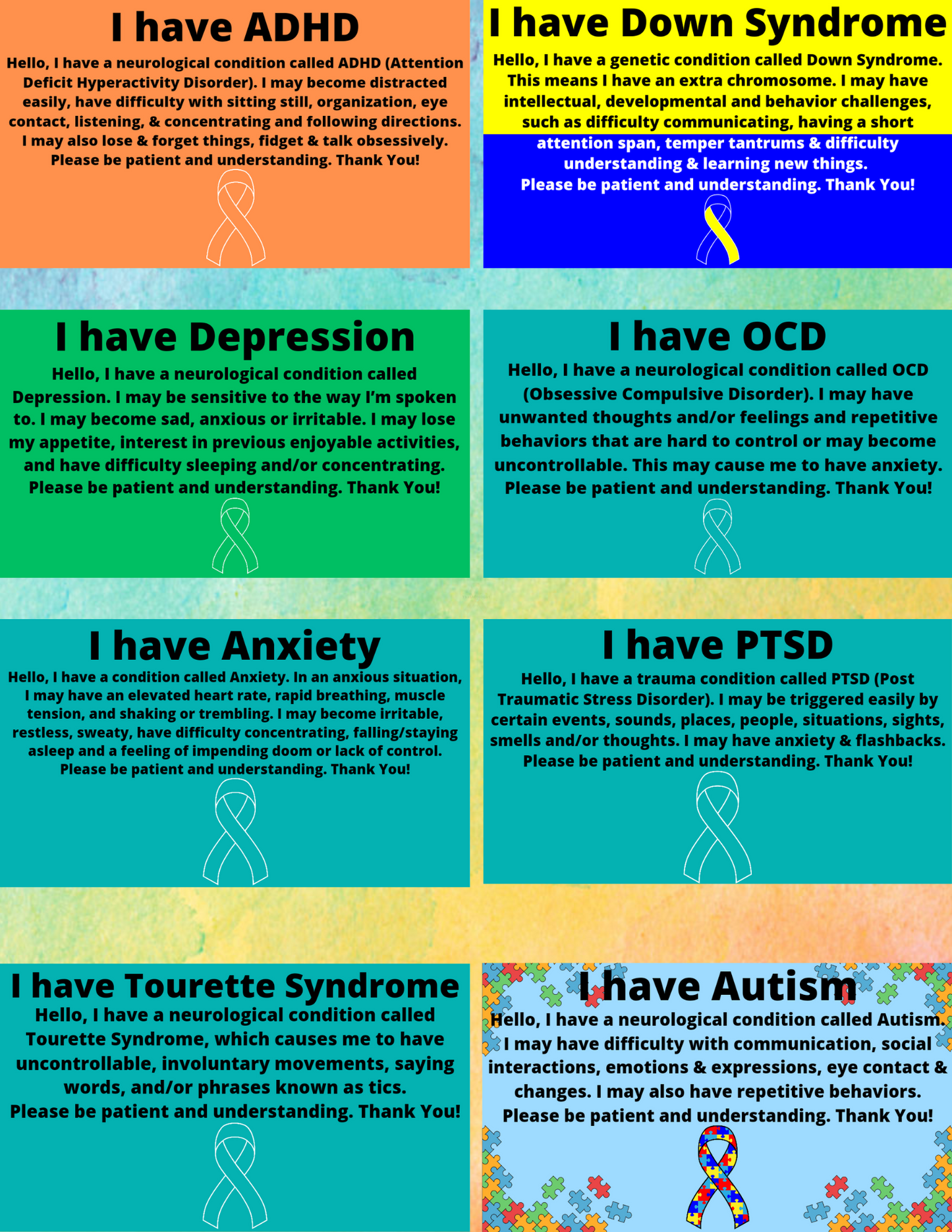 Disability/Disorder Medical ID Card & Alert Cards | Disability/Disorder Awareness | *PLEASE READ DISCRIPTION*